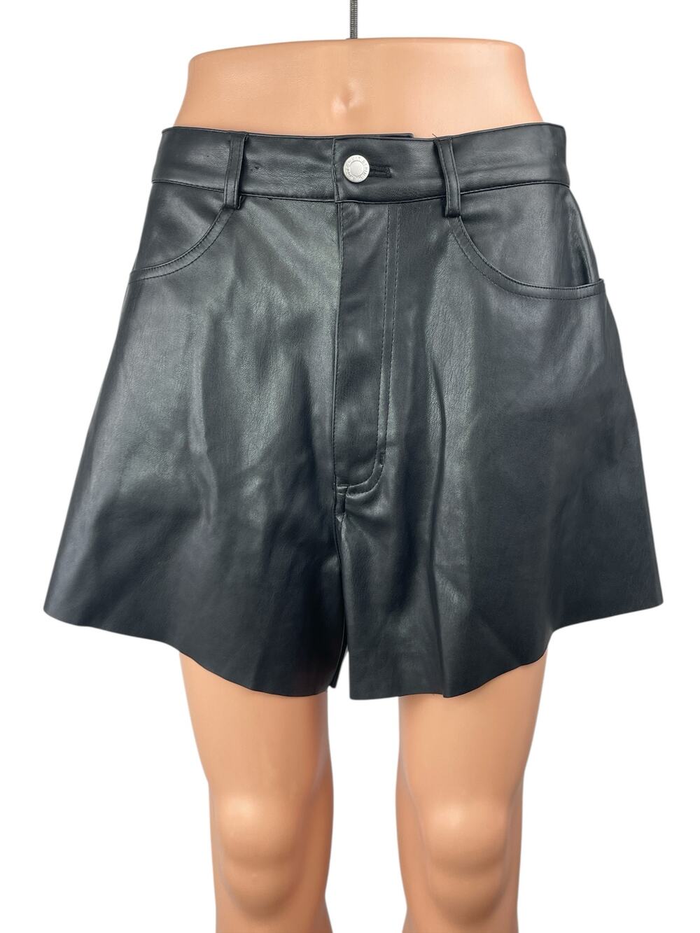 WeWoreWhat Black Faux Vegan Leather High Rise Wide Leg Flare A-Line Shorts Sz 30